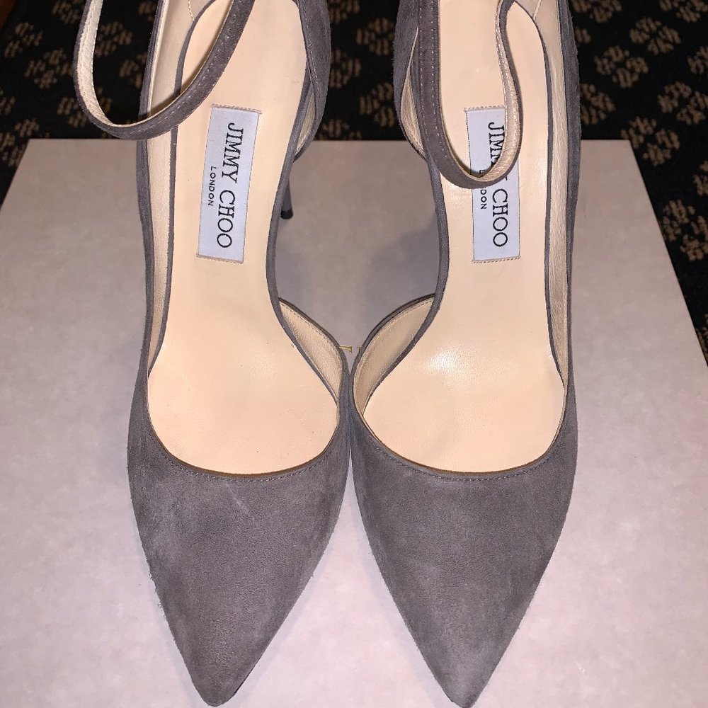 Jimmy Choo Lucy 100 Suede Ankle-strap Pumps In Taupe Grey Size 38